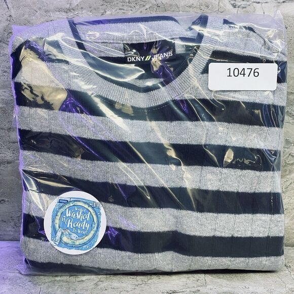 DKNY Jeans Men's Sweater Long Sleeve Black Grey Stripe Medium - Picture 12 of 12